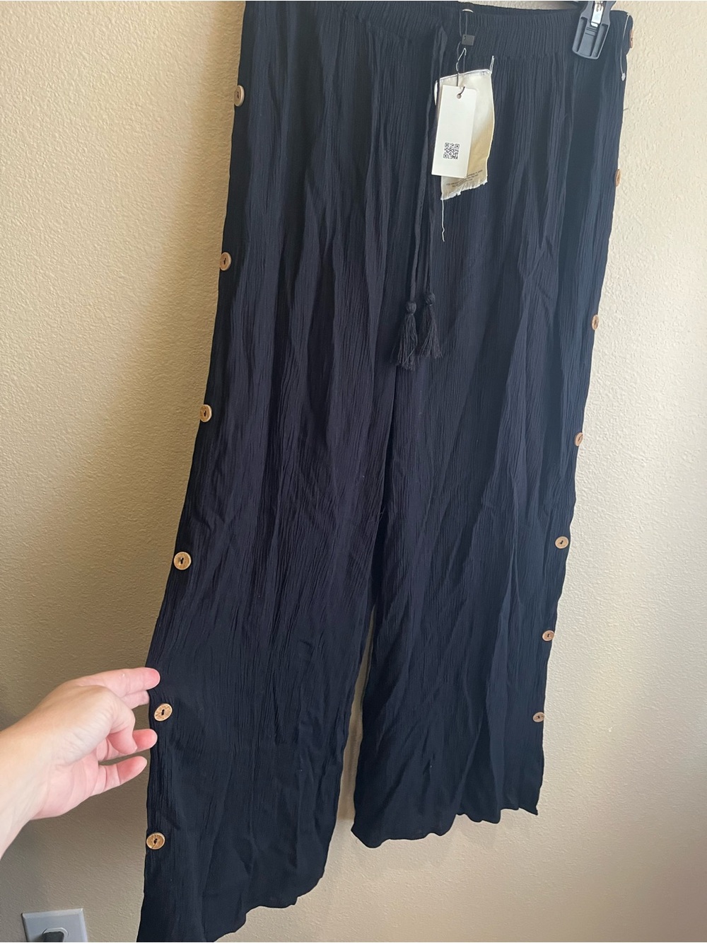 Wide-Leg Black Button-Trim Pants
